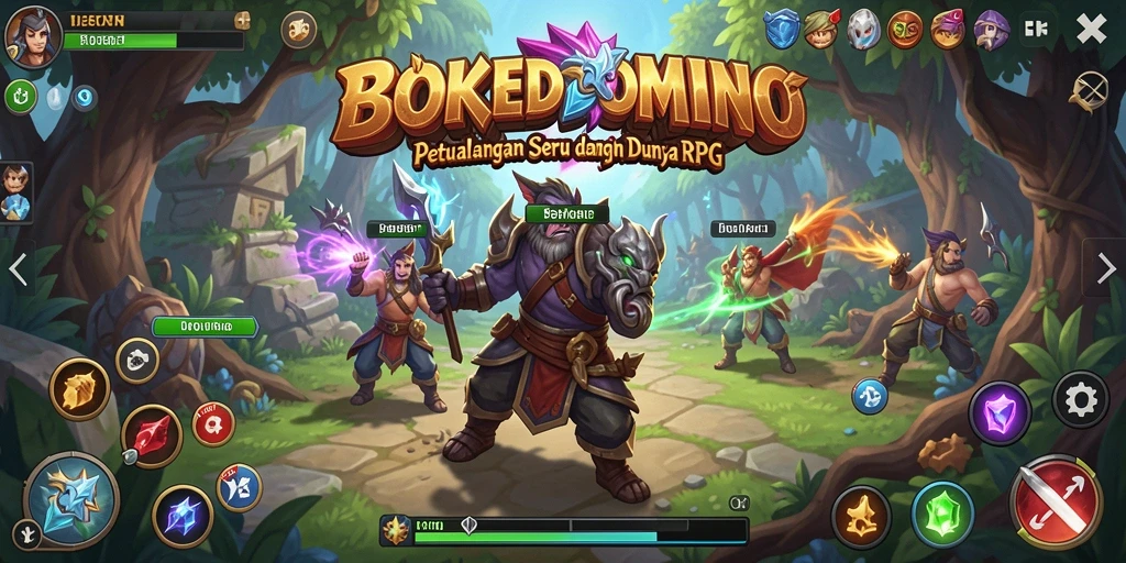 Tangkapan layar game BOKEDOMINO memperlihatkan aksi seru karakter dalam pertarungan RPG.