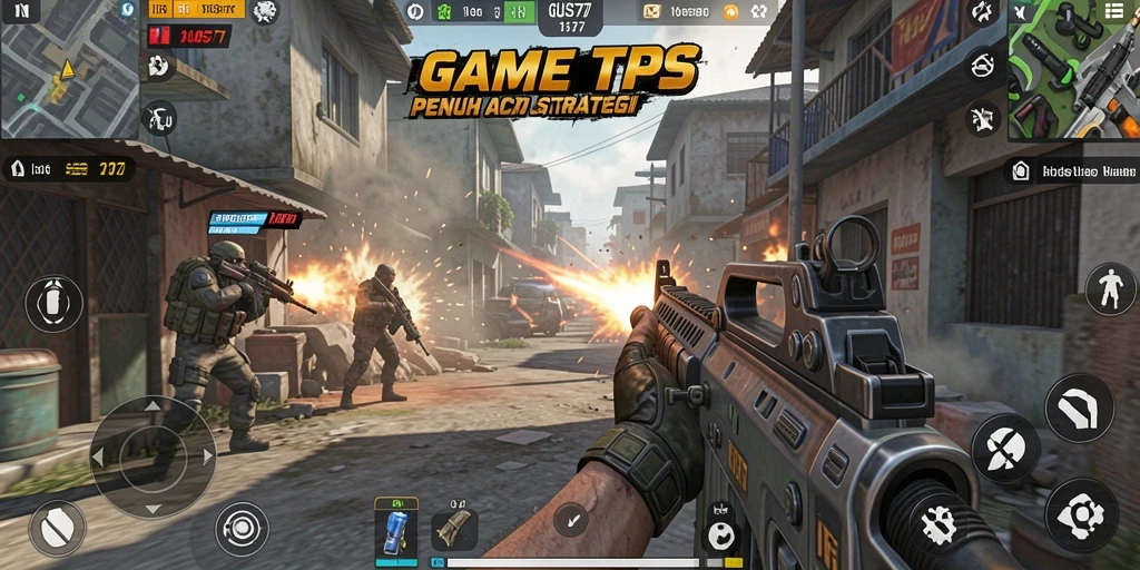 Screenshot utama GUS77 menunjukkan pemain dalam aksi FPS yang mendebarkan.