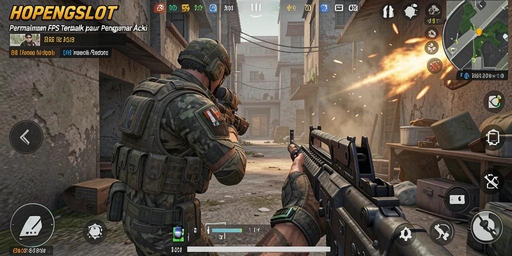Screenshot HOPENGSLOT menampilkan aksi pertempuran FPS yang mendebarkan.
