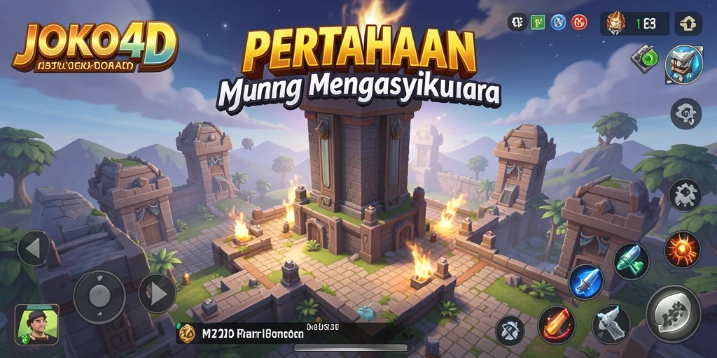 Screenshot JOKO4D menampilkan menara bertahan yang megah dalam pertempuran.