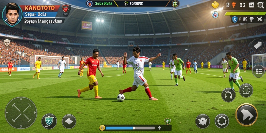 Tangkapan layar gameplay KANGTOTO menampilkan aksi seru di lapangan sepak bola.