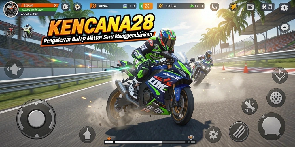 Screenshot utama KENCANA28 yang menunjukkan aksi balap motor yang mendebarkan.
