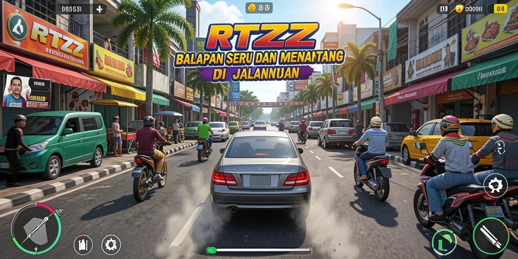 Tampilan gameplay seru di RTZZ dengan mobil balap yang melaju kencang.