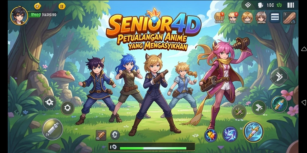 Screenshot gameplay SENIOR4D menunjukkan karakter anime yang menarik dan aksi seru.