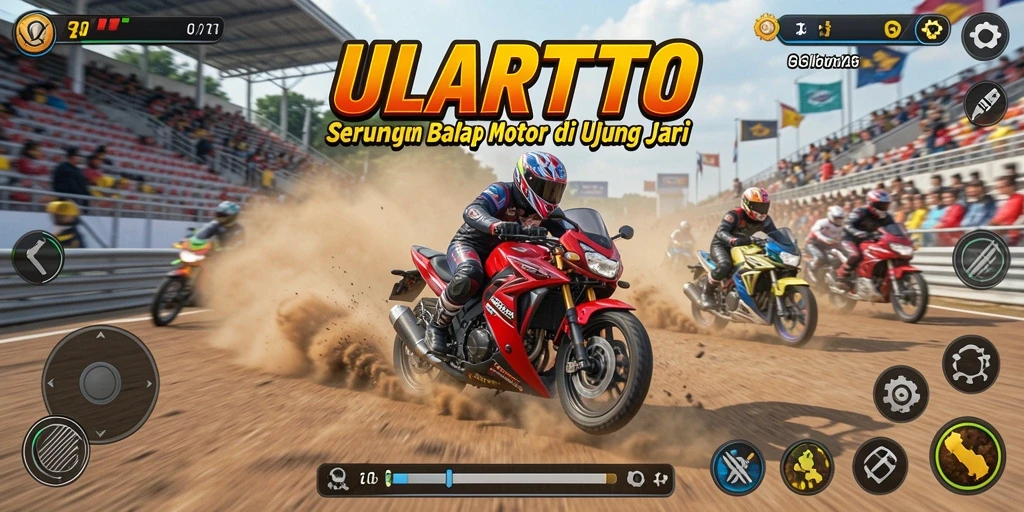 Screenshot gameplay ULARTOTO menampilkan aksi balap motor yang menegangkan.